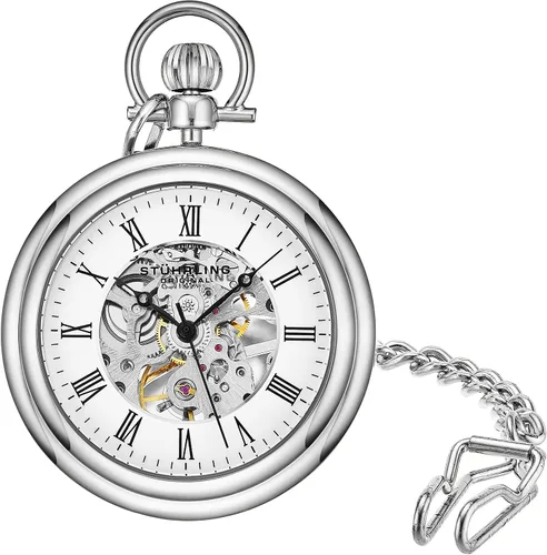 Stuhrling Original Reloj de bolsillo para hombre de acero inoxidable analógico esqueleto reloj mano viento mecánico movimiento mecánico cadena de