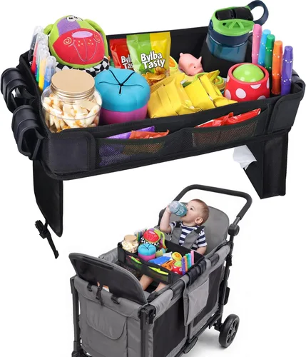 Babenest Bandeja de aperitivos para cochecito Wonderfold Wagon W2, bandeja plegable gruesa para aperitivos con soporte para tazas, bolsa de malla de
