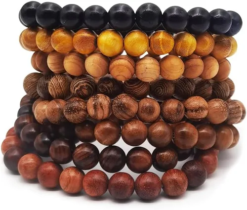 Miniatura 2 de INSPIRELLE 8 pulseras elásticas de madera natural con cuentas para hombres y mujeres
