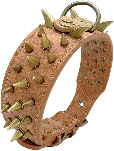 Miniatura 2 de Collar de perro de cuero con púas de 2 pulgadas, remache afilado antimordidas para perros Pit Bull medianos y grandes, cuello marrón para 14-19