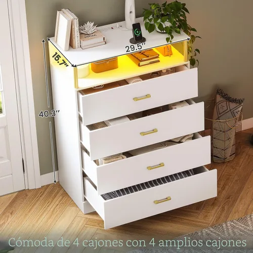 Miniatura 5 de AOGLLATI Cómoda blanca para dormitorio con diseño de columna, cómoda de 4 cajones con estación de carga, cómoda moderna led alta para dormitorio
