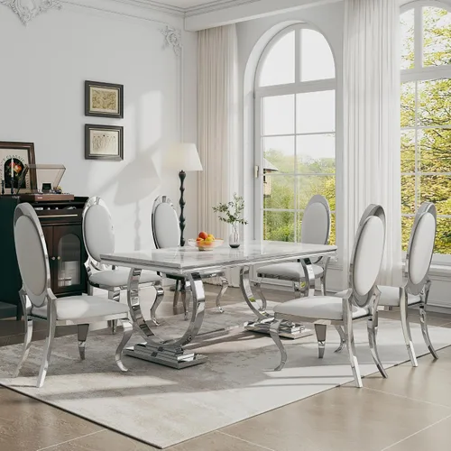 Miniatura 25 de Juego de mesa de comedor de 7 piezas, mesa de cocina de lujo de mármol sintético blanco de 70 pulgadas y 6 sillas copetudas de terciopelo beige