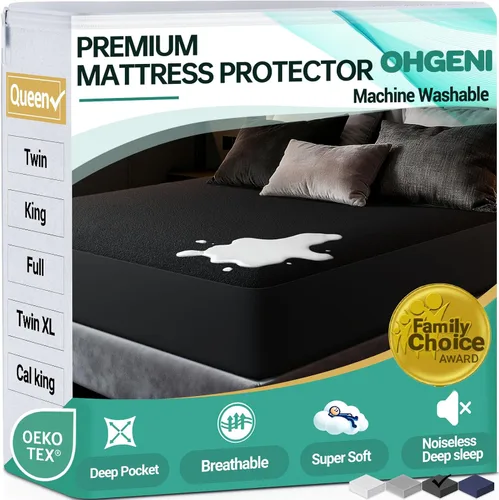 Miniatura 11 de OhGeni Protector de colchón 100% impermeable, tamaño Queen Beige, sábana bajera con bolsillos profundos, 6''-18'', material suave transpirable sin