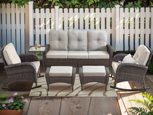 Miniatura 9 de HUMMUH Juego de 2 sillas de mimbre para exteriores, sillas de comedor con respaldo alto y asiento profundo para jardín, porche, patio trasero