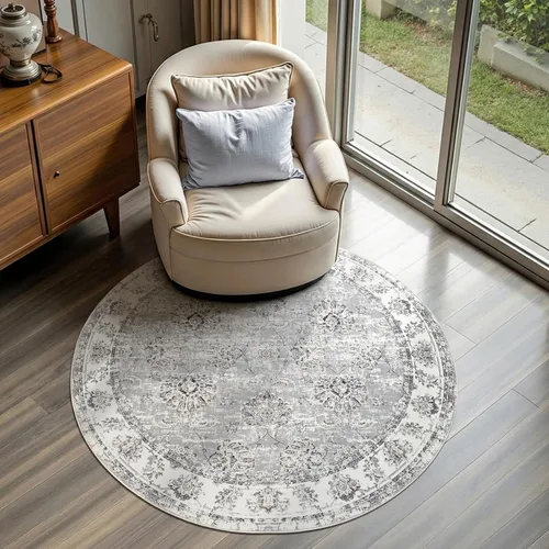 Miniatura 148 de Jinchan Fiora - Alfombra redonda de 8 pies, alfombras vintage con diseño floral envejecido, lavable a máquina, antideslizante, de pelo bajo, Azul