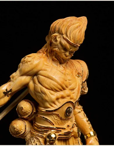 Miniatura 5 de Estatua de rey mono Wukong tallada en madera de boj natural (chapado en oro)