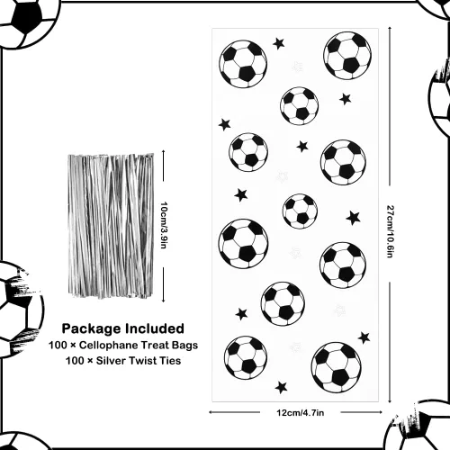 Miniatura 3 de 100 bolsas de golosinas de fútbol, bolsas de golosinas de fútbol, bolsas transparentes para violonchelo con lazos giratorios plateados, suministros