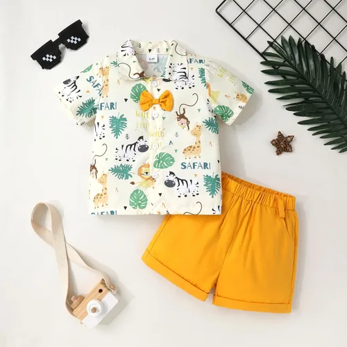 Miniatura 28 de JEELLIGULAR Conjunto de ropa de verano para bebé niño de manga corta con botones y pantalones cortos, trajes casuales para caballeros de 1 a 6 años