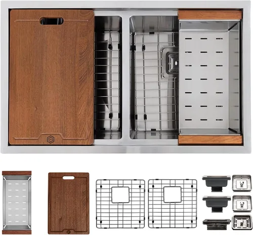 Miniatura 12 de Strictly Sinks - Fregadero de cocina dorado de 32 pulgadas, resistente a arañazos y manchas, rejilla inferior de doble tazón de calibre 16, tabla
