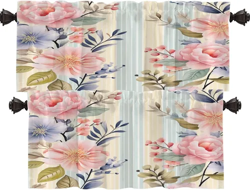 Miniatura 17 de Shrahala Beige and Orange Abstract Art Brushstrokes Blackout Curtain Tiers, Abstract Oil Paint Kitchen Valance Light Blocking Tier Drapes with Rod