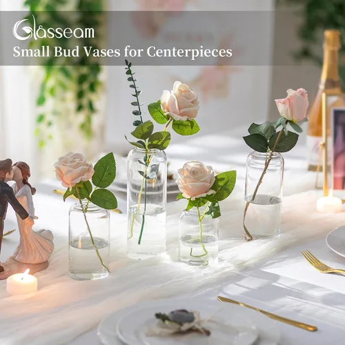 Miniatura 4 de Glasseam Jarrón de cristal para centros de mesa: 12 piezas pequeño florero a granel para un solo ramo de rosas, modernos centros de mesa