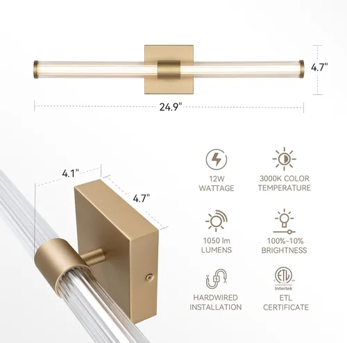 Miniatura 6 de Tubicen Luz de tocador lineal negra vertical LED luz de pared 360° iluminación completa 12W Horizontal baño tubo barra luz sobre espejo 25 pulgadas