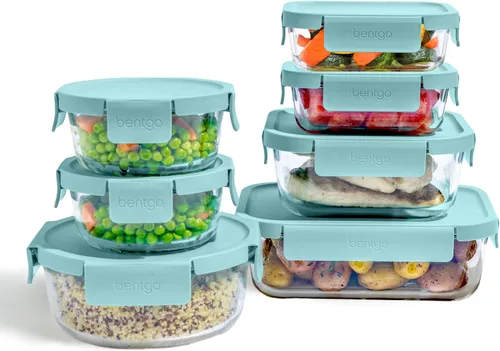 Bentgo Juego de almacenamiento de alimentos de vidrio a prueba de fugas, 14 recipientes de vidrio con tapas herméticas sin BPA, reutilizables y