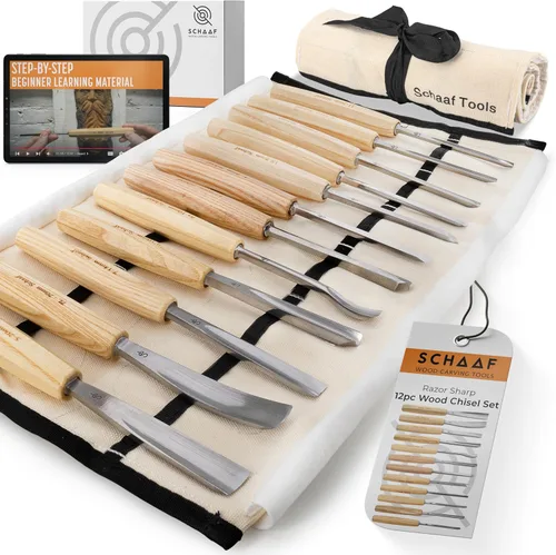 Miniatura 10 de Juego de herramientas de tallado de madera afiladas a mano, juego de 7 cinceles y gubias con estuche de lona, herramientas de carpintería de acero