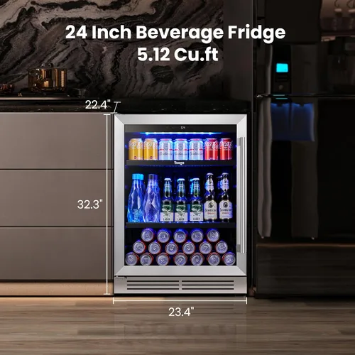 Miniatura 3 de Yeego Refrigerador de bebidas – Mini refrigerador de 24 pulgadas con 180 latas con puerta de vidrio, 34-54 ℉ bajo mostrador refrigerador integrado