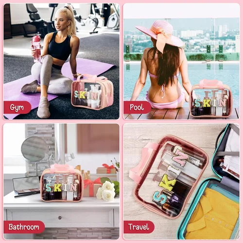 Miniatura 7 de Geetery Bolsa de maquillaje transparente de doble capa con parche de letras grandes de chenilla, con asa práctica, organizador de cosméticos