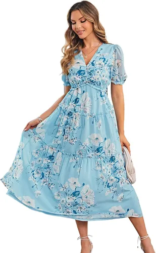 Amegoya - Vestido largo casual de manga corta con cuello en V para mujer, diseño floral, estilo bohemio, para la playa, sesión de fotos, con volantes
