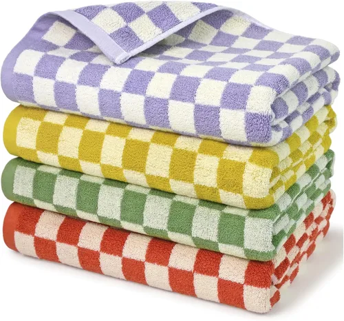 Jacquotha Juego de 4 toallas de baño a cuadros 100% algodón para baño, ducha, piscina y playa (morado, amarillo, verde, naranja), 520 GSM