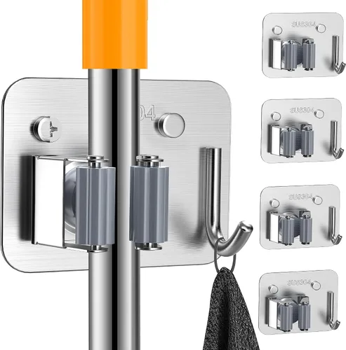 Miniatura 10 de Paquete de 2 soportes de pared para escobas, organizador de trapeador de acero inoxidable 304 con ganchos, sin adhesivo para taladro e instalación
