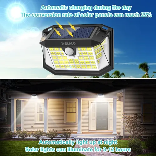 Miniatura 2 de WELALO Luces solares con sensor de movimiento para exteriores, [3 modos/4 paquetes/188 LED] Iluminación gran angular de 270°, luces de pared