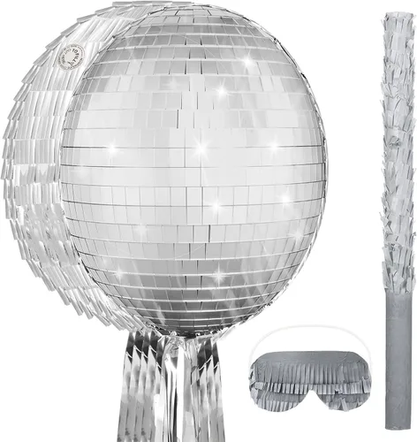 Miniatura 7 de Aoriher Piñata 12.6 x 12.6 x 3 pulgadas, juego de fiesta de discoteca, piñata, lámina plateada, decoración de los años 80 y 90 con máscara de palo