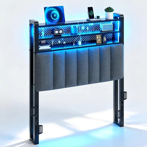 Miniatura 12 de VINGLI Cabecera LED Queen con 3 estantes de almacenamiento y estación de carga, moderna cabecera tapizada con luces RGB, puertos USB y toma de Lino