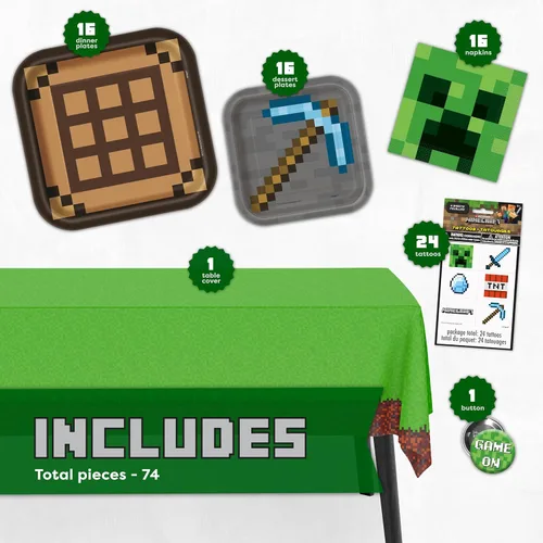 Miniatura 3 de Suministros de fiesta de Minecraft, suministros de fiesta de cumpleaños de Minecraft para niños o niñas, sirve para 16 invitados, con cubierta