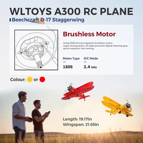 Miniatura 2 de CKYSCHN WLtoys A300 4-Ch Avión RC, Aviones RC Beechcraft D-17 con Luces, Aviones RC Brushless 6G/3D con 2 Baterías, Aviones RC de 2.4G de Control