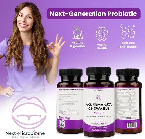 Miniatura 4 de Suplemento probiótico y prebiótico masticable Akkermansia NOVO 2.0 con HMO, apoya el microbioma intestinal y oral, suplementos para la salud