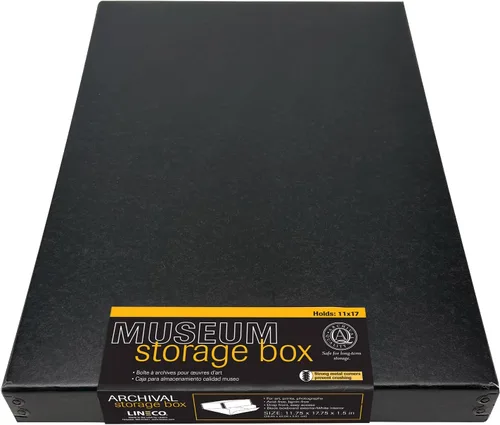 Lineco Caja de almacenamiento de archivo de museo, 11.75 x 17.75 x 1.5 pulgadas. Diseño frontal caído. Sin ácidos con borde metálico. Organiza Negro
