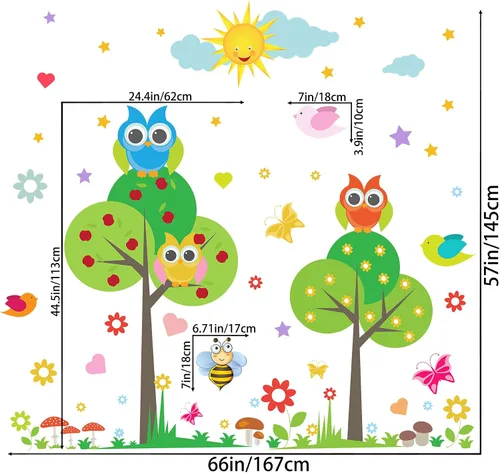 Miniatura 7 de Calcomanía de pared de animales para niños, diseño de flores, pájaros, mariposas, bricolaje, extraíble, despegar y pegar, decoración de árbol verde