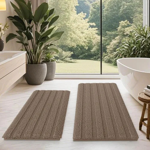 Miniatura 48 de ACCUMTEK - Juego de alfombras de baño a rayas beige de 3 piezas, ultrasuaves, antideslizantes de chenilla, alfombras de baño mullidas y absorbentes