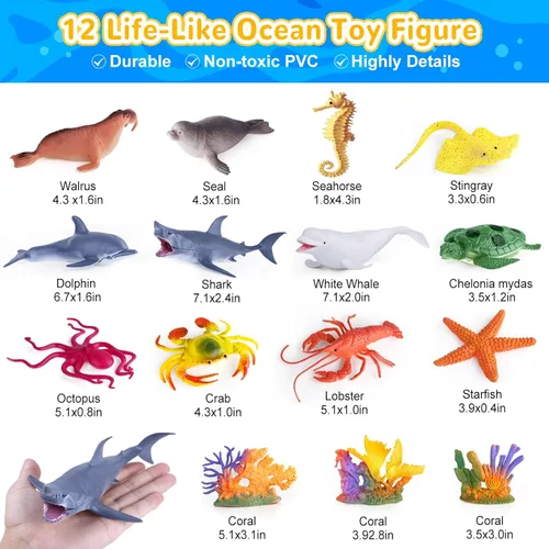 Miniatura 3 de GINMIC Juguetes de animales del océano para niños con alfombra de juego grande, paquete de 18 juguetes de animales marinos realistas surtidos
