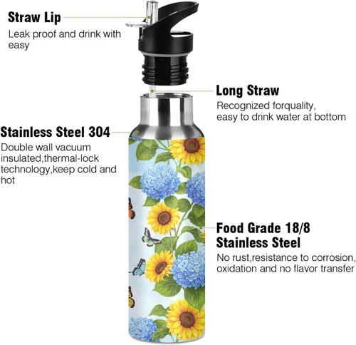 Miniatura 3 de Stainless Steel Vacuum Insulated Water Bottle 20 Oz, BPA-Free Sports Water Bottle for Gym Outdoor Travel School, Yellow Sunflowers