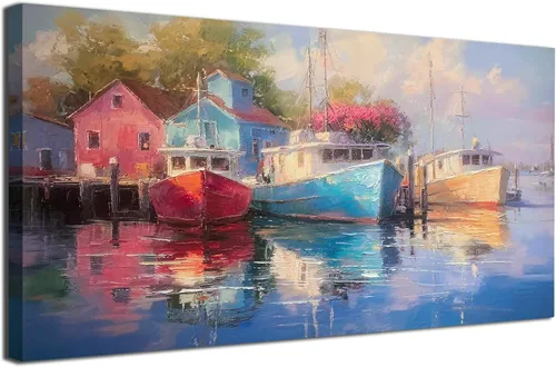 Miniatura 21 de Arjun Pintura de paisaje, puesta de sol, montaña, lago, lienzo, arte de pared, enmarcado grande, 40 x 20 pulgadas, azul suave, cálido, sereno