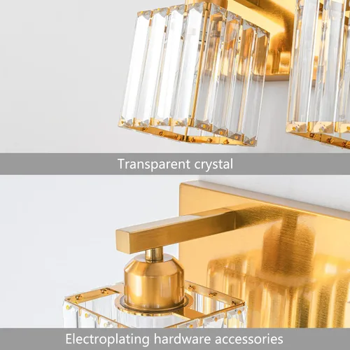 Miniatura 5 de Lámpara de cristal de pared moderna de latón cepillado dorado con 2 luces para tocador de baño Oro Recto