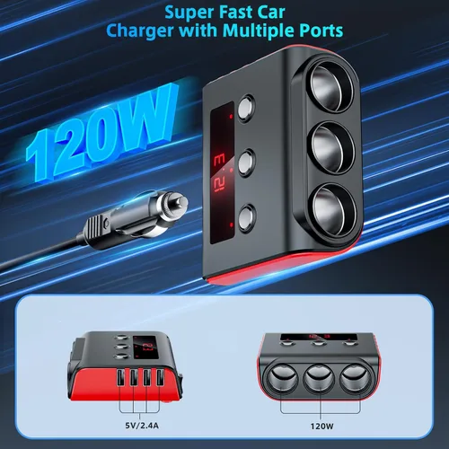 Miniatura 3 de SONRU - Divisor de encendedor de cigarrillos 7 en 1, divisor de encendedor de cigarrillos con 4 puertos USB de carga rápida, interruptores