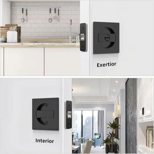 Miniatura 2 de Paquete de 2 cerraduras de puerta de bolsillo para baño, color negro mate, herrajes para puerta de bolsillo, cerradura de privacidad, puerta