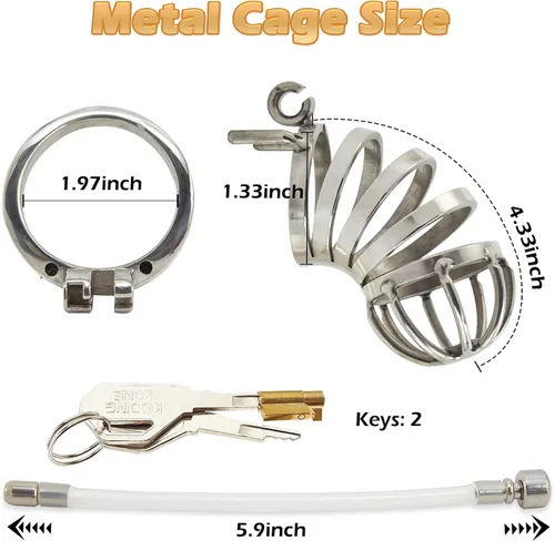 Miniatura 5 de Jaula de castidad masculina, juguetes sexuales para pene, dispositivos de castidad de metal con anillo de tamaño de 1.97 pulgadas y bloqueo