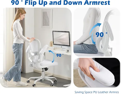 Miniatura 4 de TRALT Silla ergonómica de oficina, silla de escritorio con soporte lumbar ajustable, silla de computadora cómoda de malla con reposabrazos Blanco