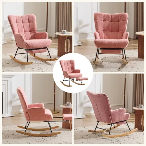 Miniatura 8 de Furniliving - Mecedora moderna tapizada para cuarto de bebé, silla de lectura con reposapiés retráctil, silla acentuada con respaldo alto, base
