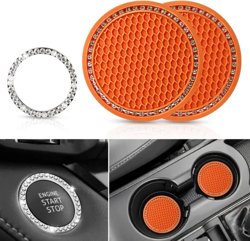 Miniatura 8 de OUZORP Paquete de 2 posavasos azules para automóvil con botón de arranque y anillo brillante, 1 paquete Posavasos antideslizantes para portavasos