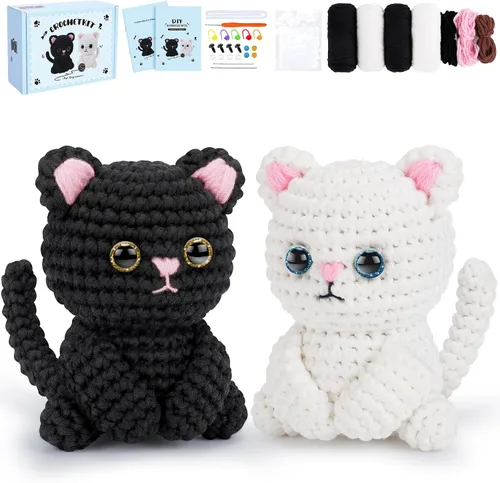 Miniatura 8 de Fortuning's JDS Kit de ganchillo para principiantes, paquete de 4 divertidos kits de ganchillo para gatos, kit de ganchillo para principiantes