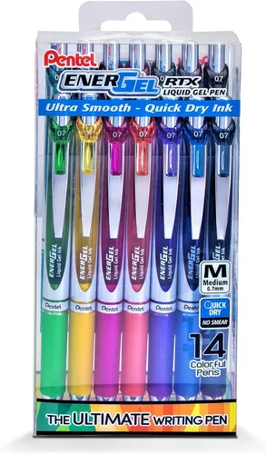 Pentel EnerGel RTX - Bolígrafo de gel líquido (0.028 in) línea media, 14 colores vibrantes surtidos, caja con ventana