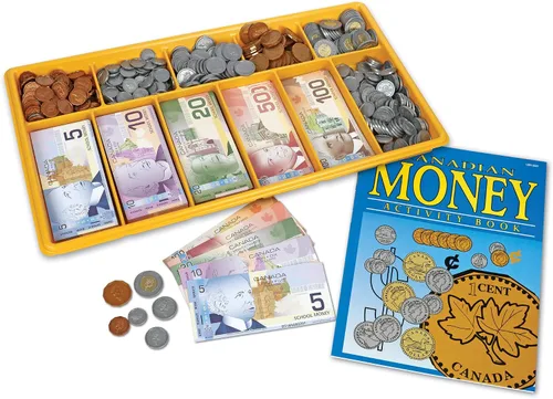 Learning Resources Kit de dinero de aula canadiense, dinero falso para aprender, billetes de dólar, dinero de utilería, monedas de juego para