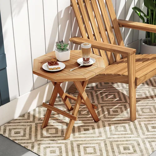 Miniatura 8 de RELAX4LIFE Mesa auxiliar plegable para exteriores, mesa auxiliar de madera de teca, mesa de café octogonal con mesa de listones, mesa de campamento