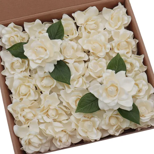 Miniatura 9 de D-Seven Flores artificiales, 25 piezas de flores de Gardenia con tallo para flores de boda, centros de mesa, despedida de soltera, baby shower