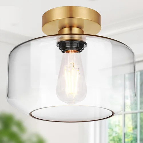 Miniatura 10 de Lámpara de techo industrial semiempotrada, bombilla LED de 800 lúmenes incluida, pantalla de vidrio texturizado, lámpara estilo granja para pasillo