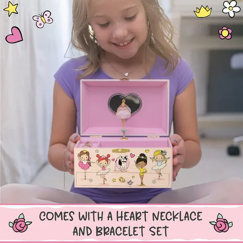 Miniatura 4 de Joyero musical de bailarina para niñas, joyero que brilla en la oscuridad, joyero organizador con collar de corazón y juego de pulsera, bonita caja