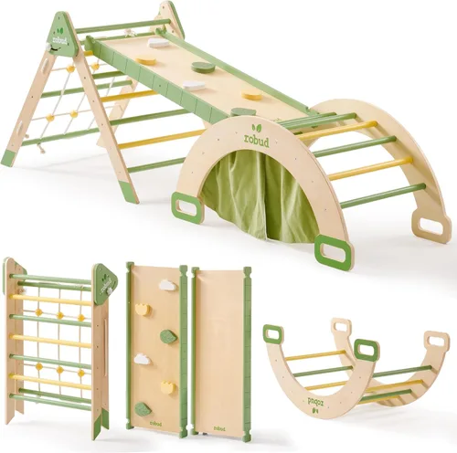 ROBUD Juego de Triángulo Pikler 7 en 1, juguetes plegables de escalada de madera para niños pequeños, juego de escalada plegable Montessori con red